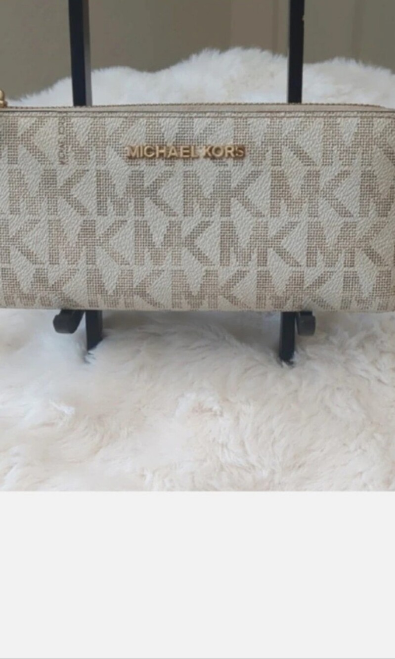 Michael Kors Cream Beige Signature MK Zip Wallet with Gold Logo